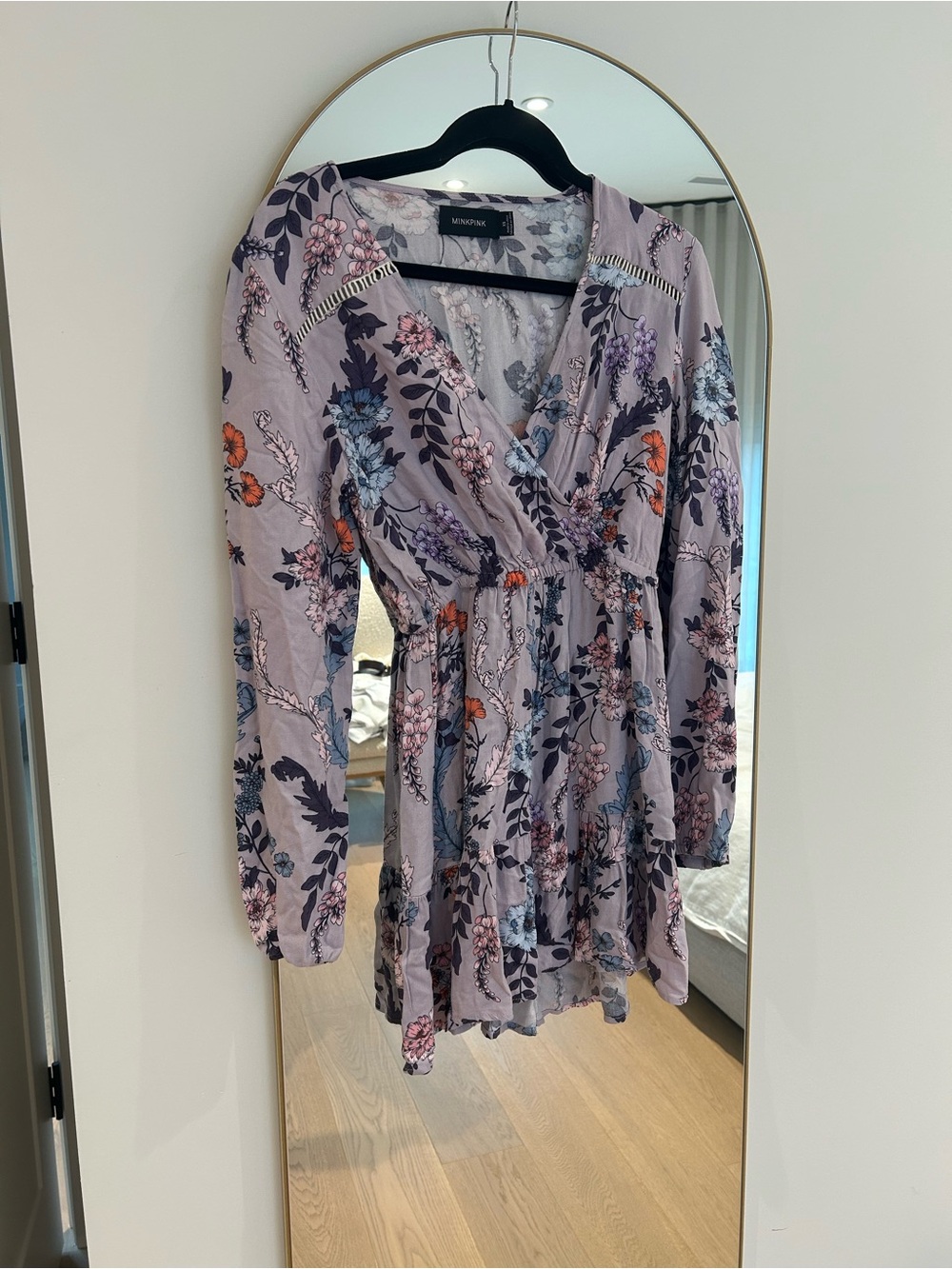 Minkpink Lilac Floral Long-Sleeve Dress with Blue and Orange Accents